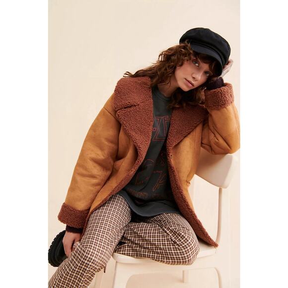 Free People Jackets & Blazers - Free People Diogo Brown Colorblock Coat Oversized Fuzzy Size XL